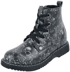 Black Lace-Up Boots with Skull and Roses Print, Black Premium by EMP, Buty dziecięce