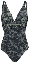 Black Swimsuit with Skull Pattern and Prints, Rock Rebel by EMP, Kostium kąpielowy