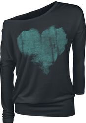 Black Long-Sleeve Top with Print and Crew Neckline