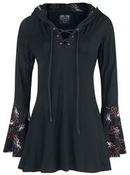 Gothicana X Anne Stokes - Black Long-Sleeve Top with Lacing, Print and Large Hood, Gothicana by EMP, Longsleeve