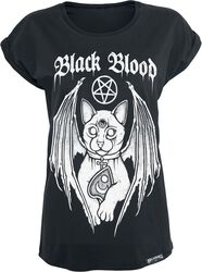 T-Shirt with Demonic Cat, Black Blood by Gothicana, T-Shirt