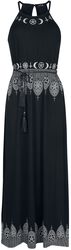 Black Maxi Dress with Prints and Narrow Tie-Belt, Gothicana by EMP, Sukienka długa