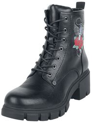 Black lace-up boots with rose print and rhinestones, Rock Rebel by EMP, Buty