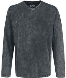 Long-Sleeve Shirt with V-Neckline and Wash, Black Premium by EMP, Longsleeve