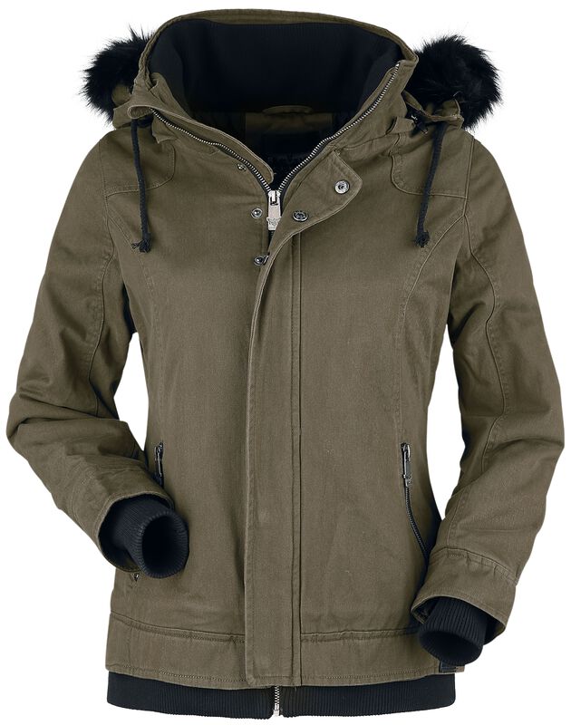 Olive-Green Jacket with Faux Fur Collar and Hood