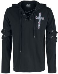 Gothicana X Anne Stokes - Black Long-Sleeve Shirt with Print and Lacing, Gothicana by EMP, Longsleeve