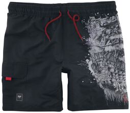 Black Swim Shorts with Pirate Ship Print