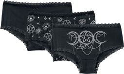 Set of three pairs of underwear with witchy prints, Gothicana by EMP, Komplet majtek