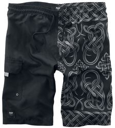 Black swim shorts with print on one side